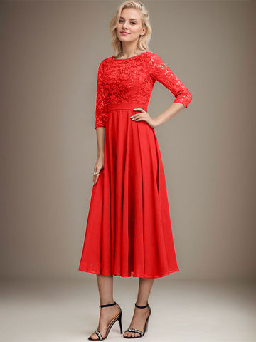A-line Scoop Tea-Length Lace Chiffon Mother of the Bride Dress With Sequins