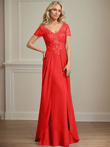 A-line V-Neck Floor-Length Chiffon Lace Mother of the Bride Dress