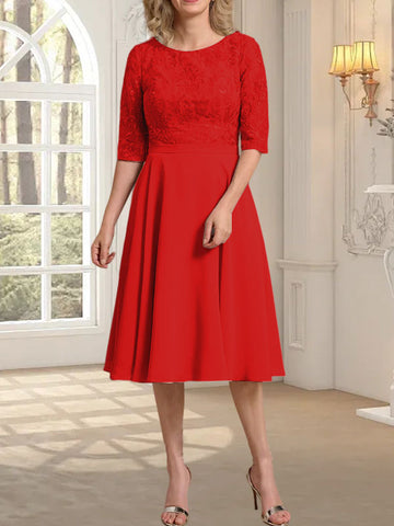 A-line Scoop Knee-Length Lace Chiffon Mother of the Bride Dress