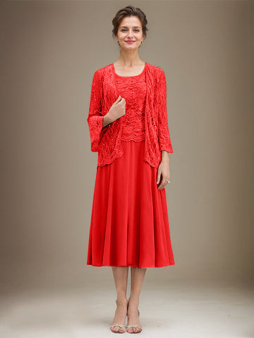 A-line Scoop Tea-Length Lace Chiffon Mother of the Bride Dress With Sequins