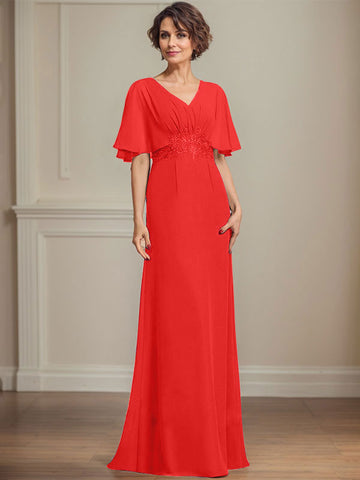 A-line V-Neck Floor-Length Chiffon Mother of the Bride Dress With Pleated Sequins Appliques Lace