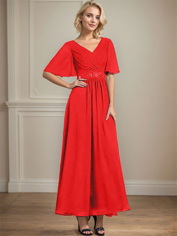 A-line V-Neck Ankle-Length Chiffon Mother of the Bride Dress With Pleated Beading Sequins