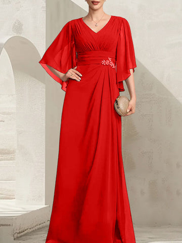 Sheath/Column V-Neck Floor-Length Chiffon Mother of the Bride Dress With Pleated Sequins Beading