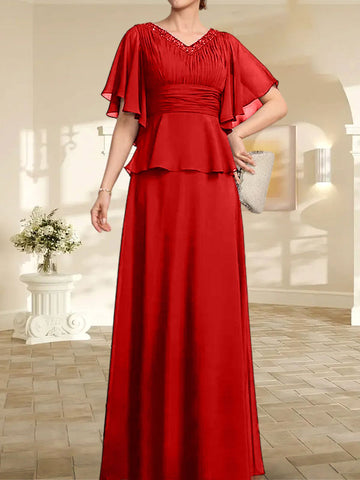 A-line V-Neck Floor-Length Chiffon Mother of the Bride Dress With Pleated Beading