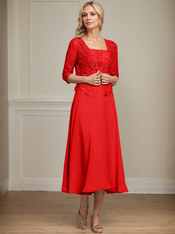 A-line Square Tea-Length Chiffon Lace Mother of the Bride Dress With Sequins Beading