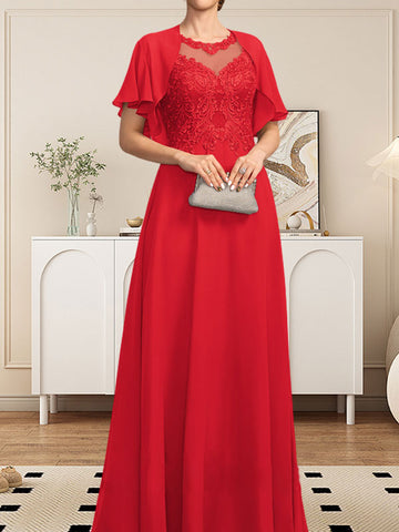 A-line Scoop Illusion Floor-Length Lace Chiffon Mother of the Bride Dress With Sequins