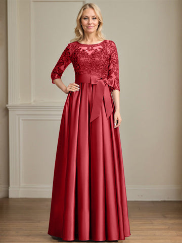 A-line Scoop Illusion Floor-Length Satin Lace Mother of the Bride Dress With Sequins Bow