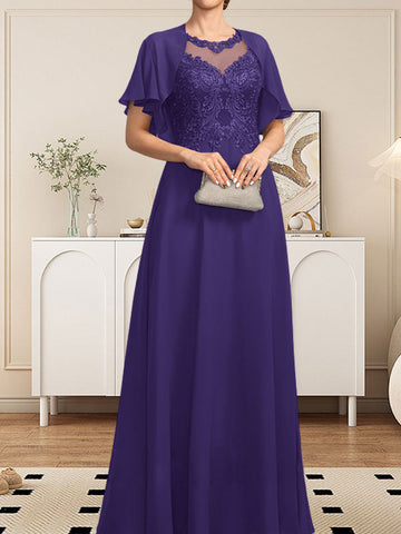 A-line Scoop Illusion Floor-Length Lace Chiffon Mother of the Bride Dress With Sequins