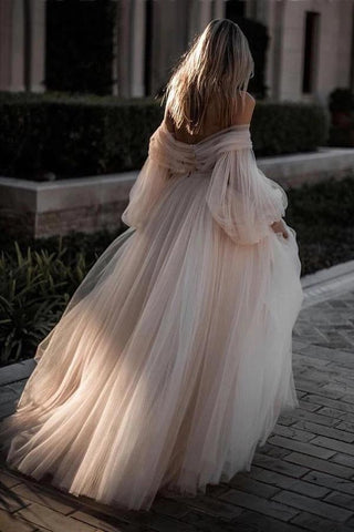 Romantic Backless Beach Wedding Dresses With Sleeves, Bridal Dress
