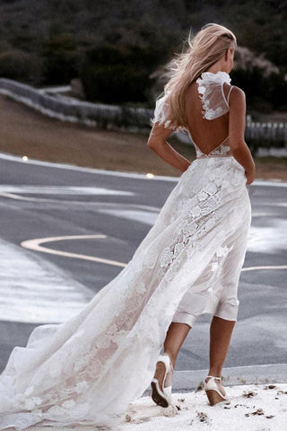 Romantic Spaghetti Straps Floral Lace Beach Wedding Dresses WD591