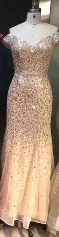 Rose Gold Dubai Luxury Off Shoulder Evening Dresses Sequined Sexy Sparkle Mermaid Formal Dress 2025 LA6232