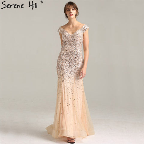 Rose Gold Dubai Luxury Off Shoulder Evening Dresses Sequined Sexy Sparkle Mermaid Formal Dress 2025 LA6232