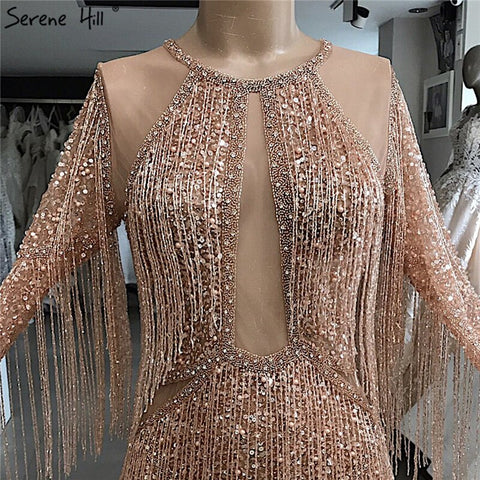 On Sale no return no refundSale Rose Gold Mermaid Long Sleeve Evening Dresses 2025 Sequined Beading Tassel Luxury Formal Dress LA70037