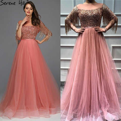 Rose Gold O-Neck Sequined Evening Dresses 2025 A-Line Latest Design Sexy Sparkle Formal Dress LA60976