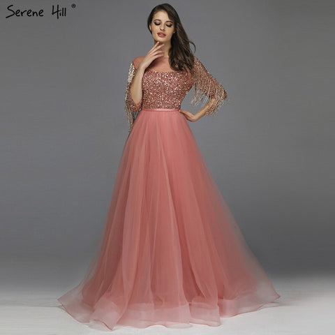 Rose Gold O-Neck Sequined Evening Dresses 2025 A-Line Latest Design Sexy Sparkle Formal Dress LA60976