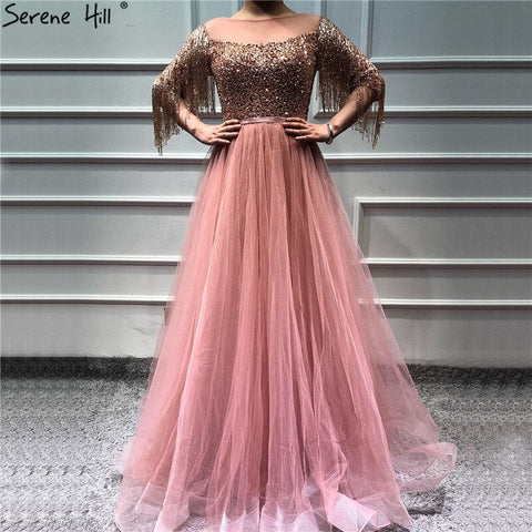 Rose Gold O-Neck Sequined Evening Dresses 2025 A-Line Latest Design Sexy Sparkle Formal Dress LA60976