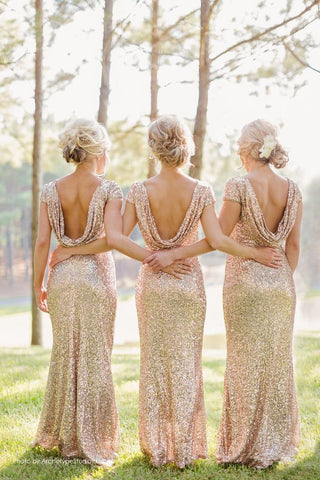 Rose Gold Sequin Bridesmaid Dress with Cowl Back VMB50