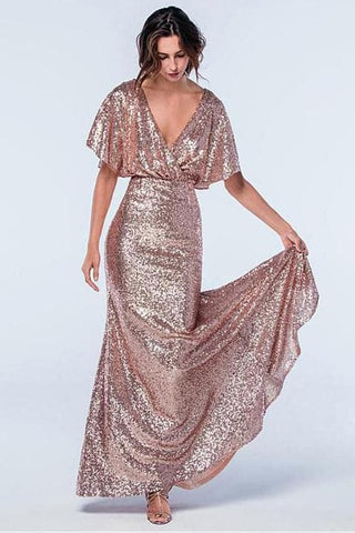 Rose Gold Sequins Bridesmaid Dress With Sleeves VMB43