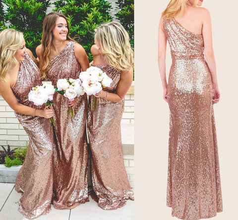 Rose Gold Sparkly Bridesmaid Dresses Sequins Lace One Shoulder  BD096