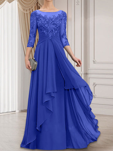 A-line Scoop Illusion Floor-Length Lace Chiffon Mother of the Bride Dress With Cascading Ruffles