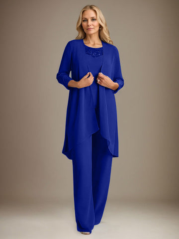 Chiffon Scoop Long Sleeves Mother Of The Bride Pantsuits With Jacket