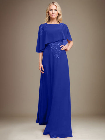 A-line Scoop Floor-Length Chiffon Lace Mother of the Bride Dress With Sequins Beading