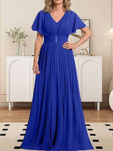 A-line V-Neck Floor-Length Chiffon Mother of the Bride Dress With Crystal Brooch Pleated