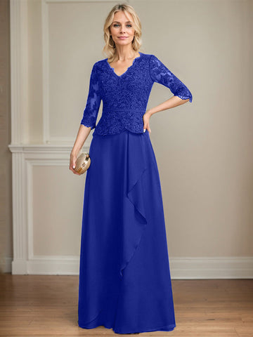 A-line V-Neck Floor-Length Lace Chiffon Mother of the Bride Dress With Cascading Ruffles Sequins