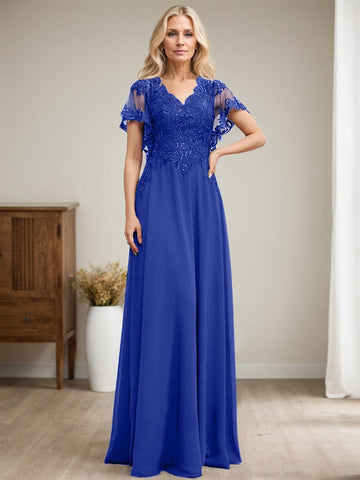 A-line V-Neck Floor-Length Lace Chiffon Mother of the Bride Dress With Sequins