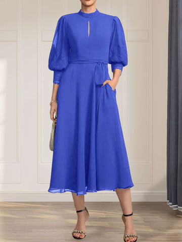 A-line High Neck Tea-Length Lace Chiffon Mother of the Bride Dress With Bow