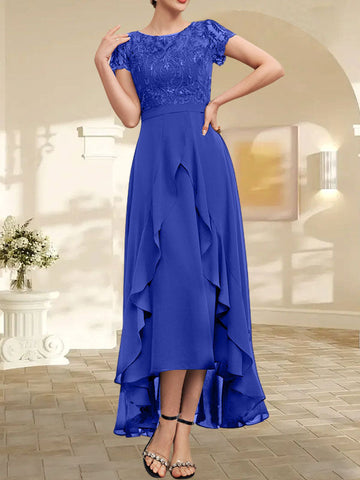 A-line Scoop Illusion Asymmetrical Chiffon Lace Mother of the Bride Dress With Bow Ruffle Sequins