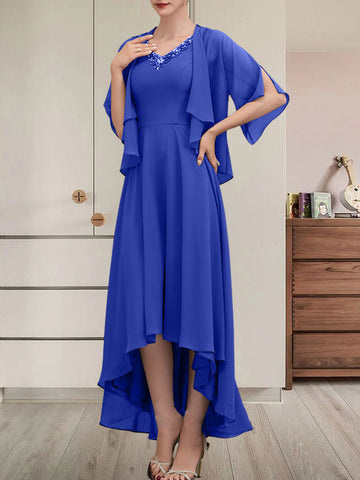 A-line V-Neck Asymmetrical Chiffon Mother of the Bride Dress With Beading Sequins