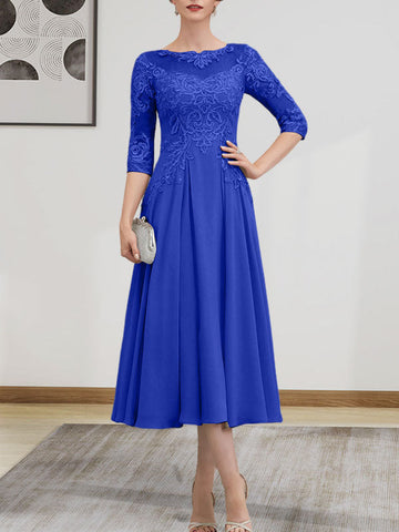 A-line Scoop Illusion Tea-Length Chiffon Lace Mother of the Bride Dress With Beading Sequins