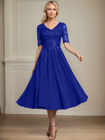 A-line V-Neck Tea-Length Lace Chiffon Mother of the Bride Dress With Sequins