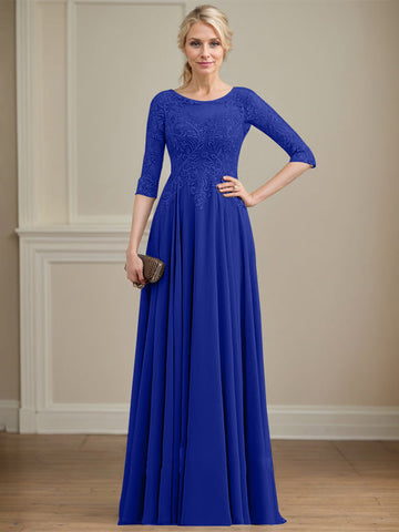 A-line Scoop Illusion Floor-Length Lace Chiffon Mother of the Bride Dress With Sequins