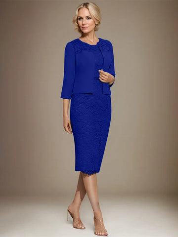 Sheath/Column Scoop Knee-Length Chiffon Lace Mother of the Bride Dress With Beading