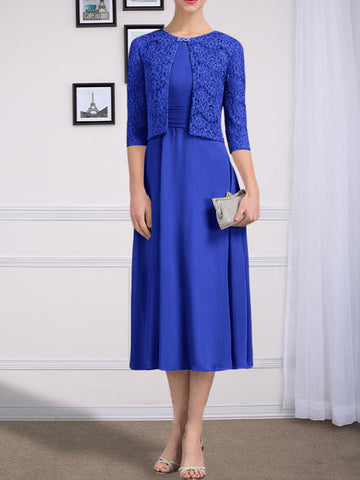 A-line Scoop Tea-Length Chiffon Mother of the Bride Dress With Pleated