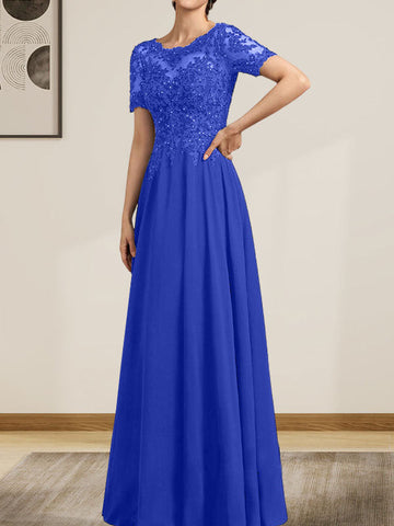 A-line Scoop Illusion Floor-Length Chiffon Lace Mother of the Bride Dress With Sequins Beading