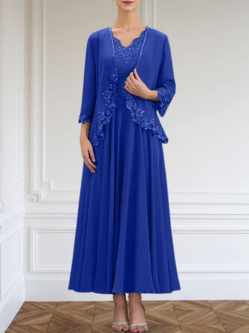 A-line V-Neck Ankle-Length Chiffon Mother of the Bride Dress With Sequins Appliques Lace Beading