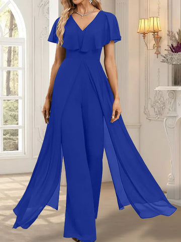 Jumpsuit/Pantsuit V-Neck Floor-Length Chiffon Evening Dress