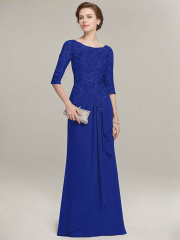 A-line Scoop Illusion Floor-Length Lace Chiffon Mother of the Bride Dress With Cascading Ruffles