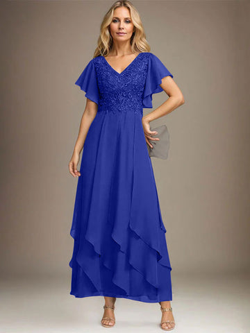 A-line V-Neck Ankle-Length Lace Chiffon Mother of the Bride Dress With Cascading Ruffles