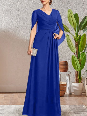 Dark Navy A-Line V-Neck Long Mother of Bride Dress