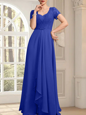 A-line Sweetheart Floor-Length Chiffon Lace Mother of the Bride Dress With Beading Cascading Ruffles