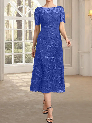 A-line Scoop Illusion Tea-Length Lace Mother of the Bride Dress With Sequins