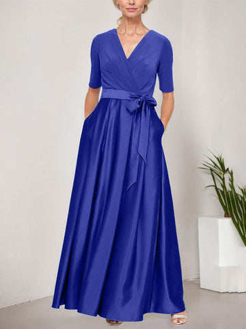 Surplice Neckline Ballgown with Full Satin Skirt & Jersey Bodice