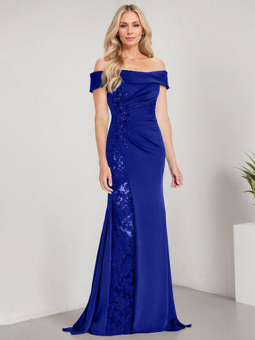 A-Line Off the Shoulder Floor-Length Mother of the Bride Dress Applique Beadings Mermaid Dress With  High Split