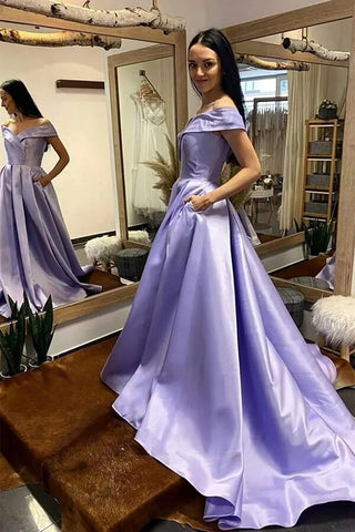A-line Off Shoulder Prom Dresses, Evening Dresses With Train