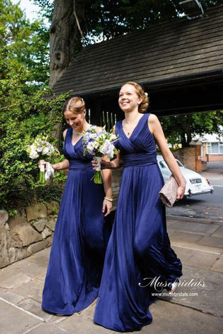 Royal Blue Chiffon A-line V-neck Long Pleated Bridesmaid Dresses