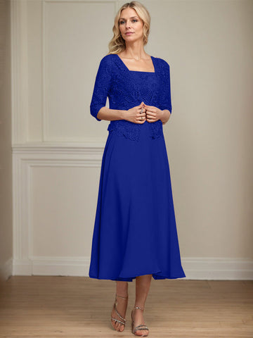 A-line Square Tea-Length Chiffon Lace Mother of the Bride Dress With Sequins Beading